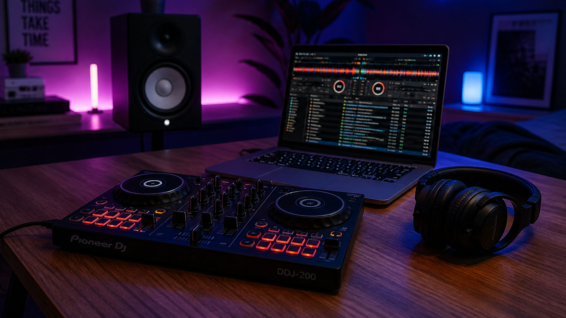 Setup de DJ iniciante com controladora simples, fones de ouvido profissionais e notebook em uma mesa com iluminação neon.