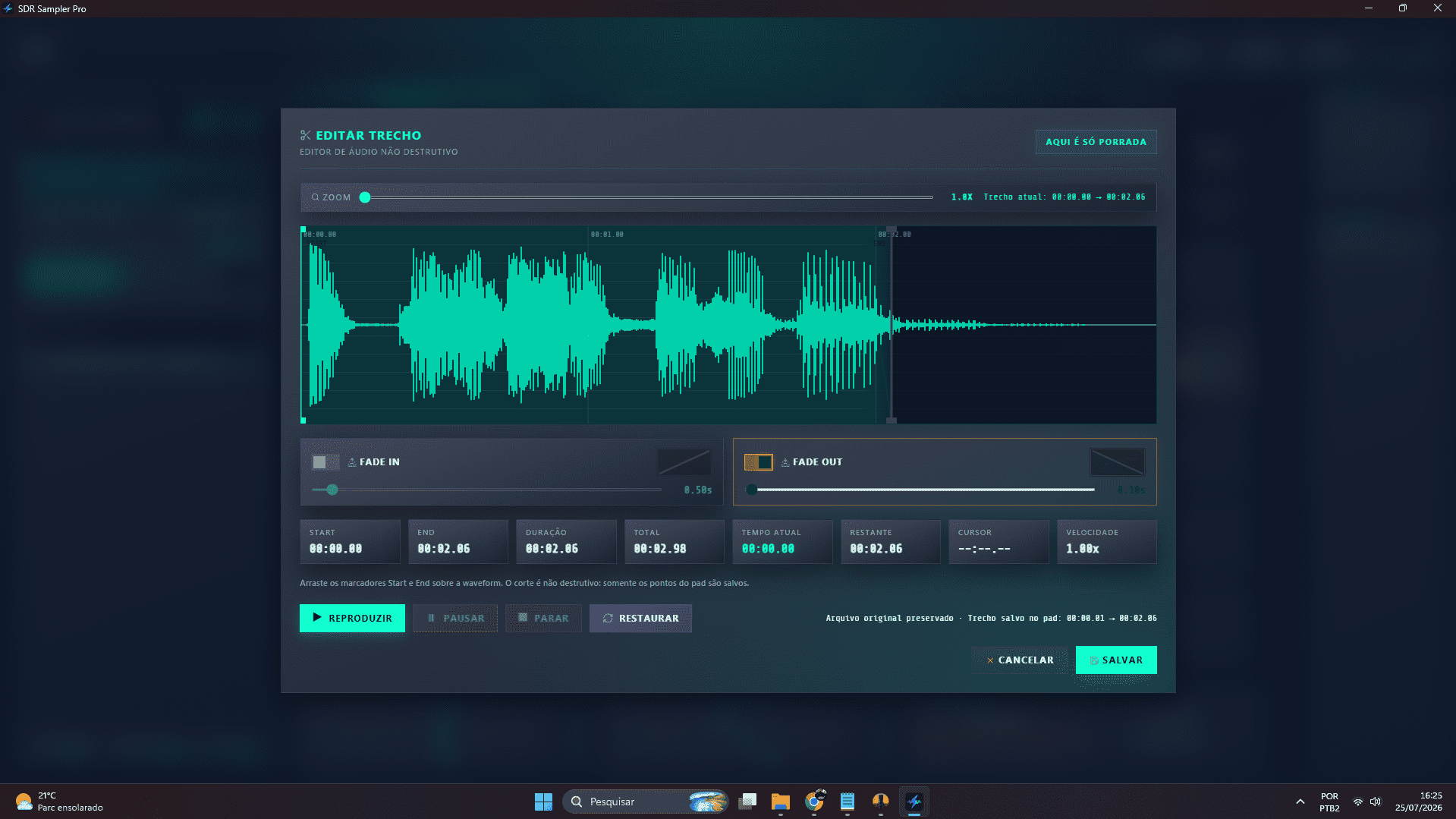 Edição de trecho do áudio no SDR Sampler Pro