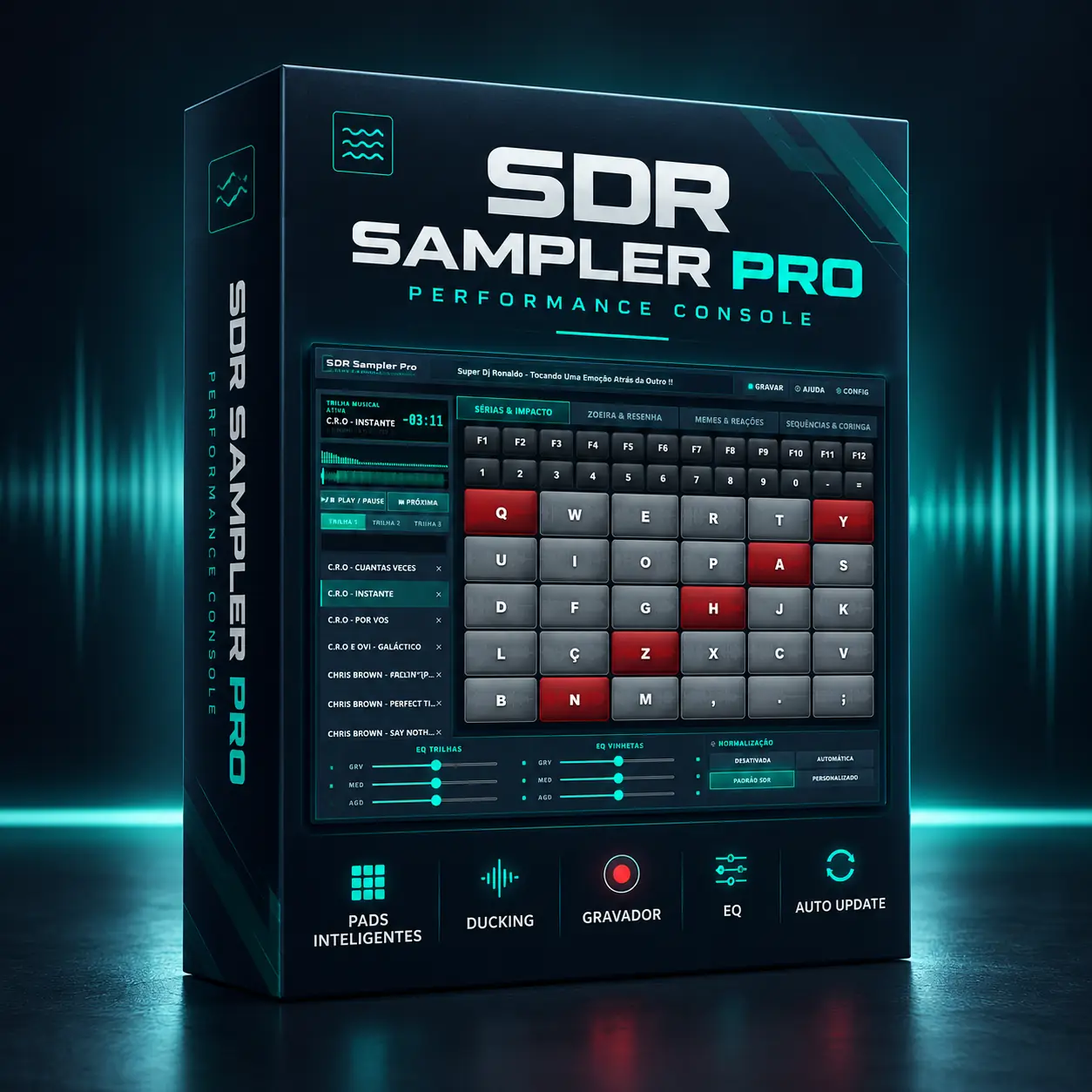 Caixa promocional do SDR Sampler Pro com interface do software