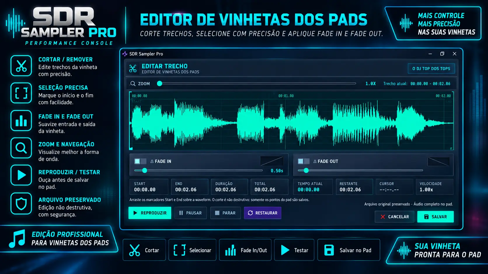 Editor de vinhetas dos pads do SDR Sampler Pro com seleção, Fade In, Fade Out e zoom