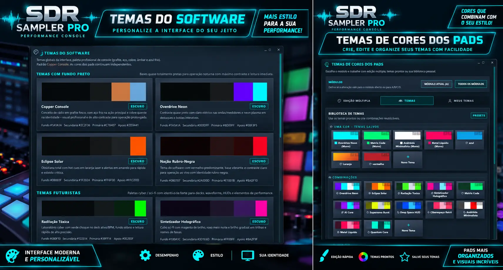 Temas do software e temas de cores dos pads no SDR Sampler Pro